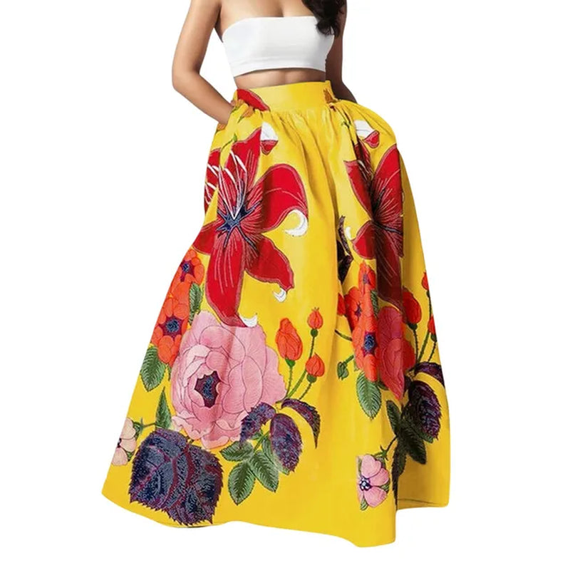 Stylish Big Flower Printed Women Skirts Elegant High Waist A-Line Long Maxi Skirt 2024 Casual Loose Beach Party Holiday Skirt